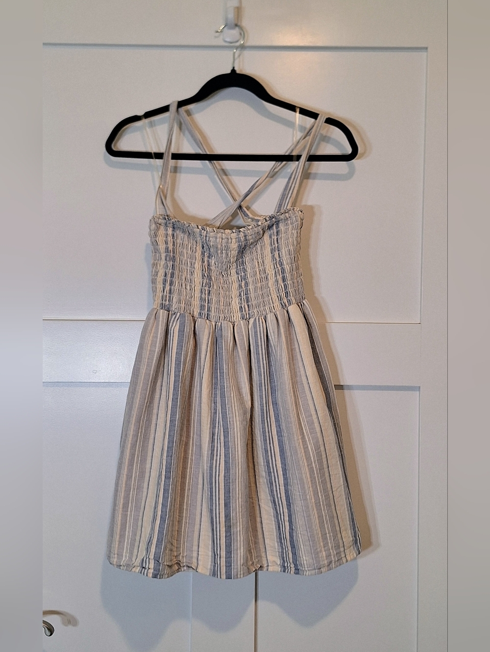 American Eagle Babydoll Mini Dress Smocked Bodice Criss Cross Back Blue White S